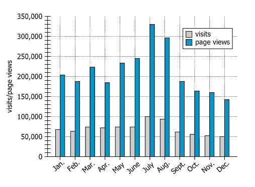 Website Traffic Data Graph Graph showing website visits and page views by month